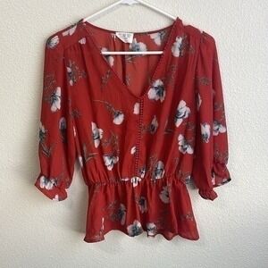 Sienna Sky Floral Peplum‎ Blouse 3/4 Sleeve V-Neck Rust Red Size S